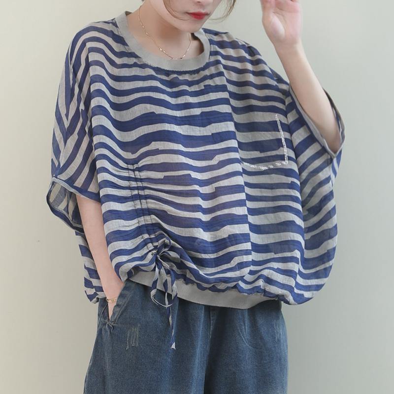 Unique o neck Batwing Sleeve linen shirts blue striped shirt