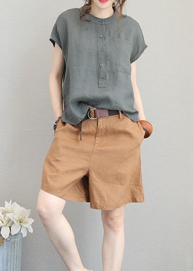 Unique o neck linen tops women blouses low high design Plus Size Clothing gray green shirt