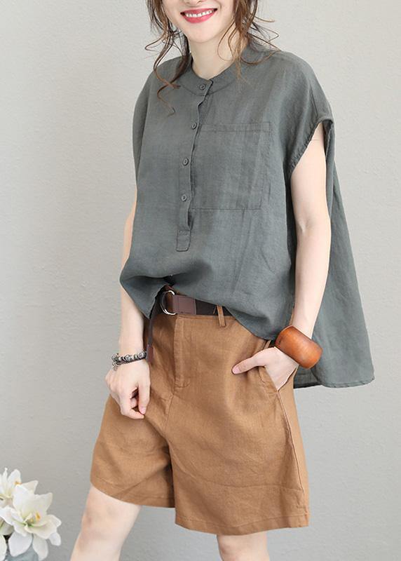 Unique o neck linen tops women blouses low high design Plus Size Clothing gray green shirt