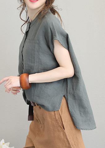 Unique o neck linen tops women blouses low high design Plus Size Clothing gray green shirt