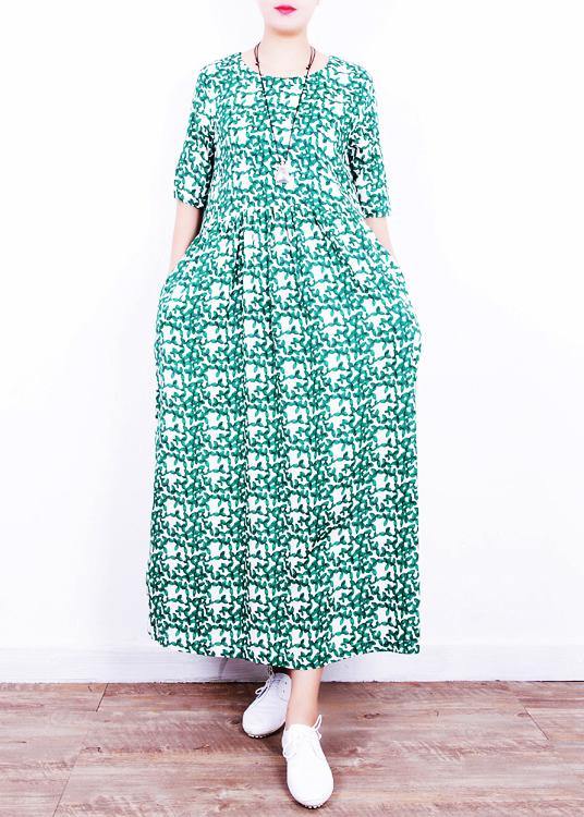 Unique o neck Cinched linen summer clothes Neckline green print Dresses