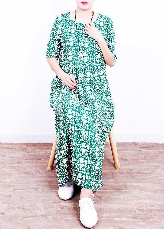 Unique o neck Cinched linen summer clothes Neckline green print Dresses