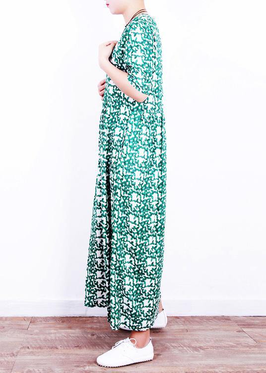 Unique o neck Cinched linen summer clothes Neckline green print Dresses