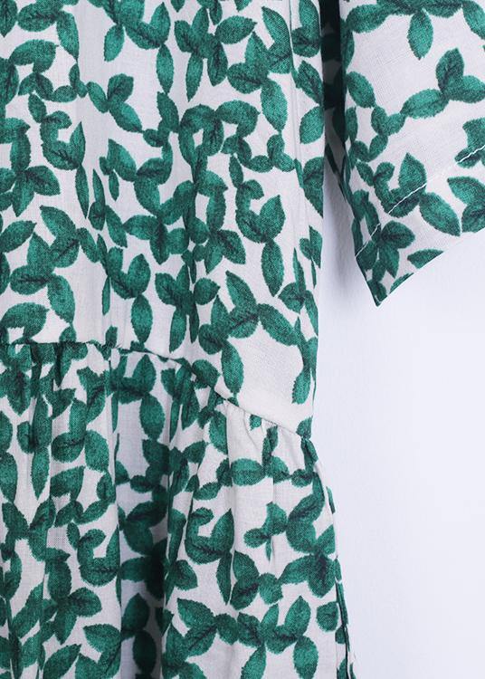 Unique o neck Cinched linen summer clothes Neckline green print Dresses