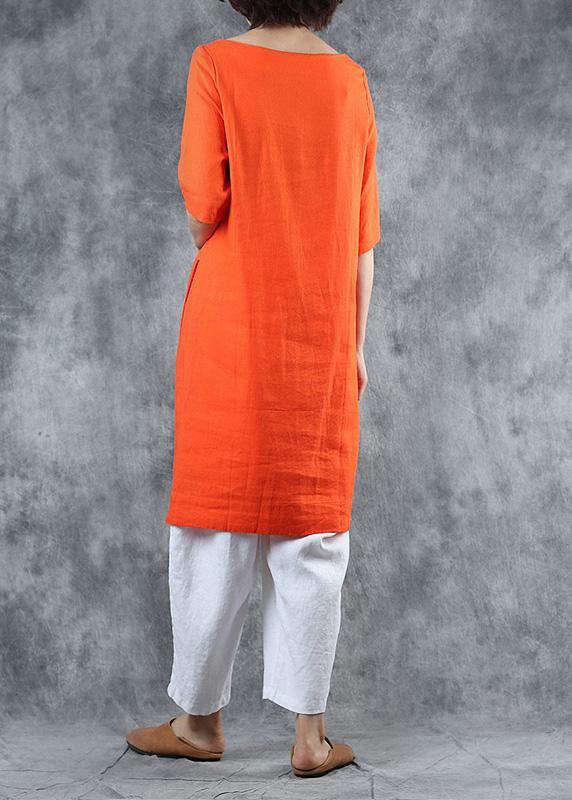 Unique orange linen tops women cotton o neck mid long tops