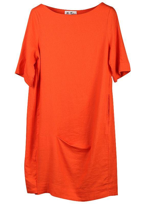 Unique orange linen tops women cotton o neck mid long tops