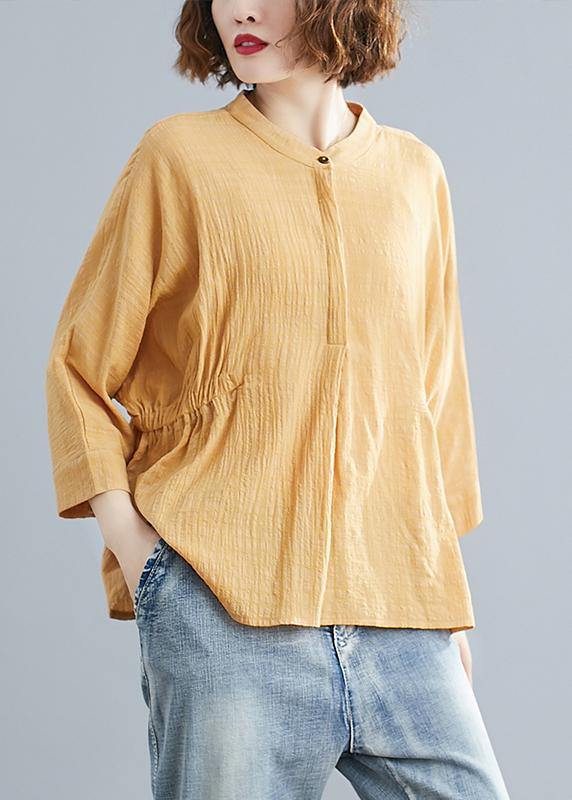 Unique stand collar Batwing Sleeve cotton tunics for women Shirts yellow blouse