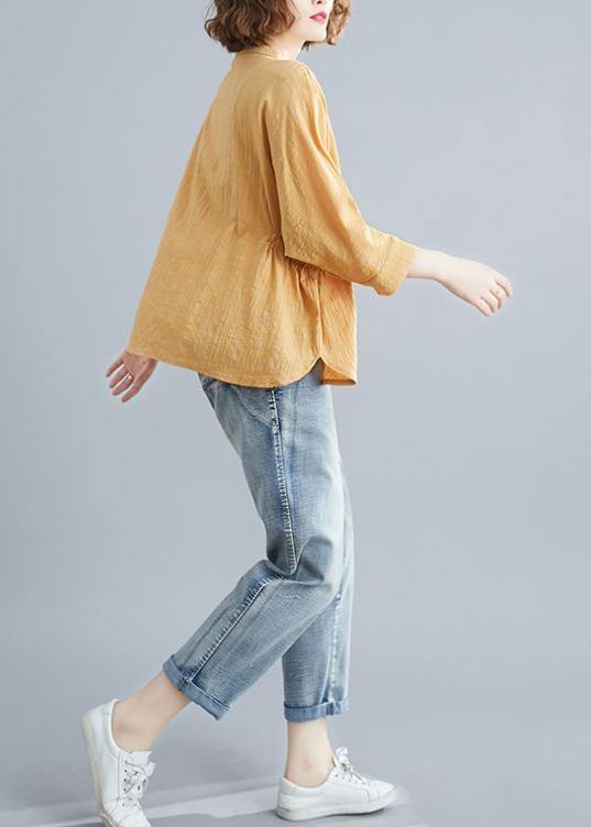 Unique stand collar Batwing Sleeve cotton tunics for women Shirts yellow blouse