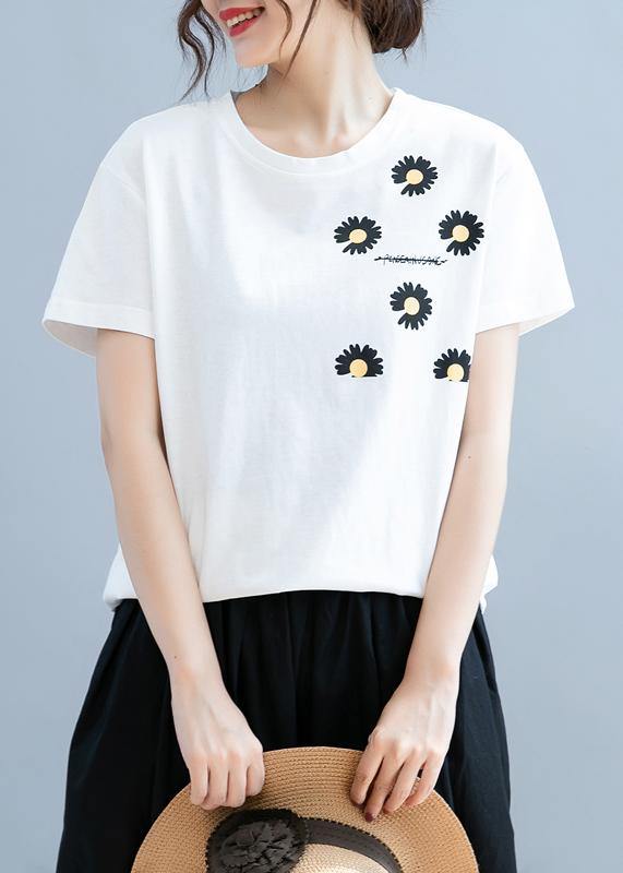 Unique white daisy print tops women o neck short blouse