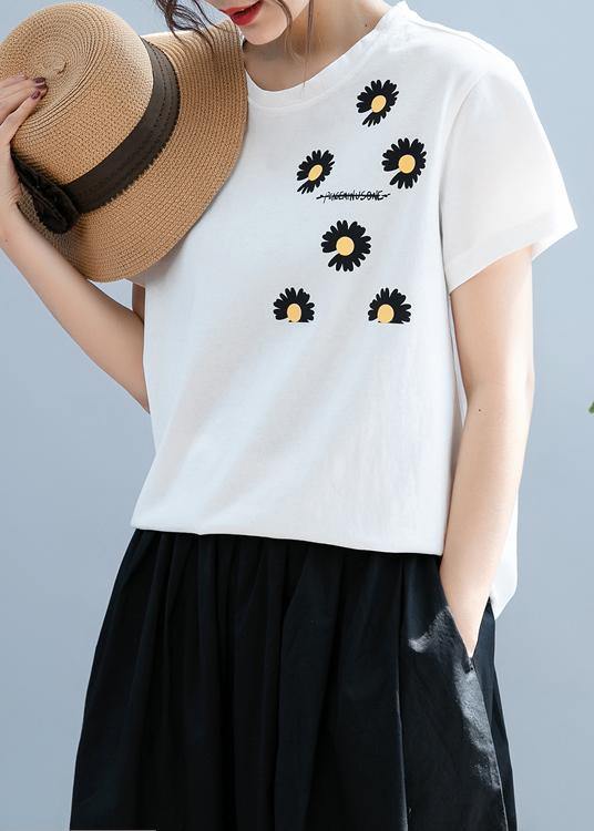 Unique white daisy print tops women o neck short blouse