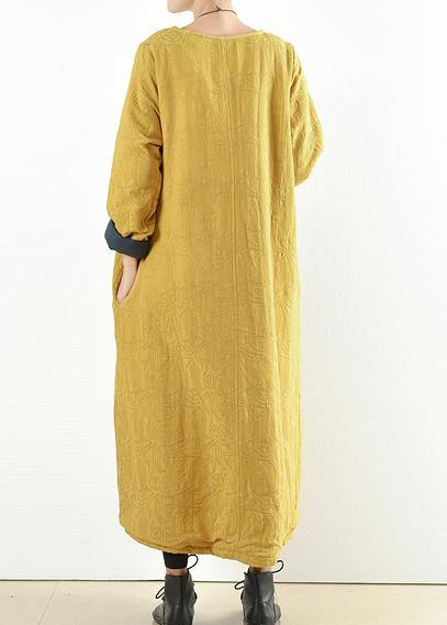 Unique yellow cotton clothes Women thick warm  Maxi o neck Dresses