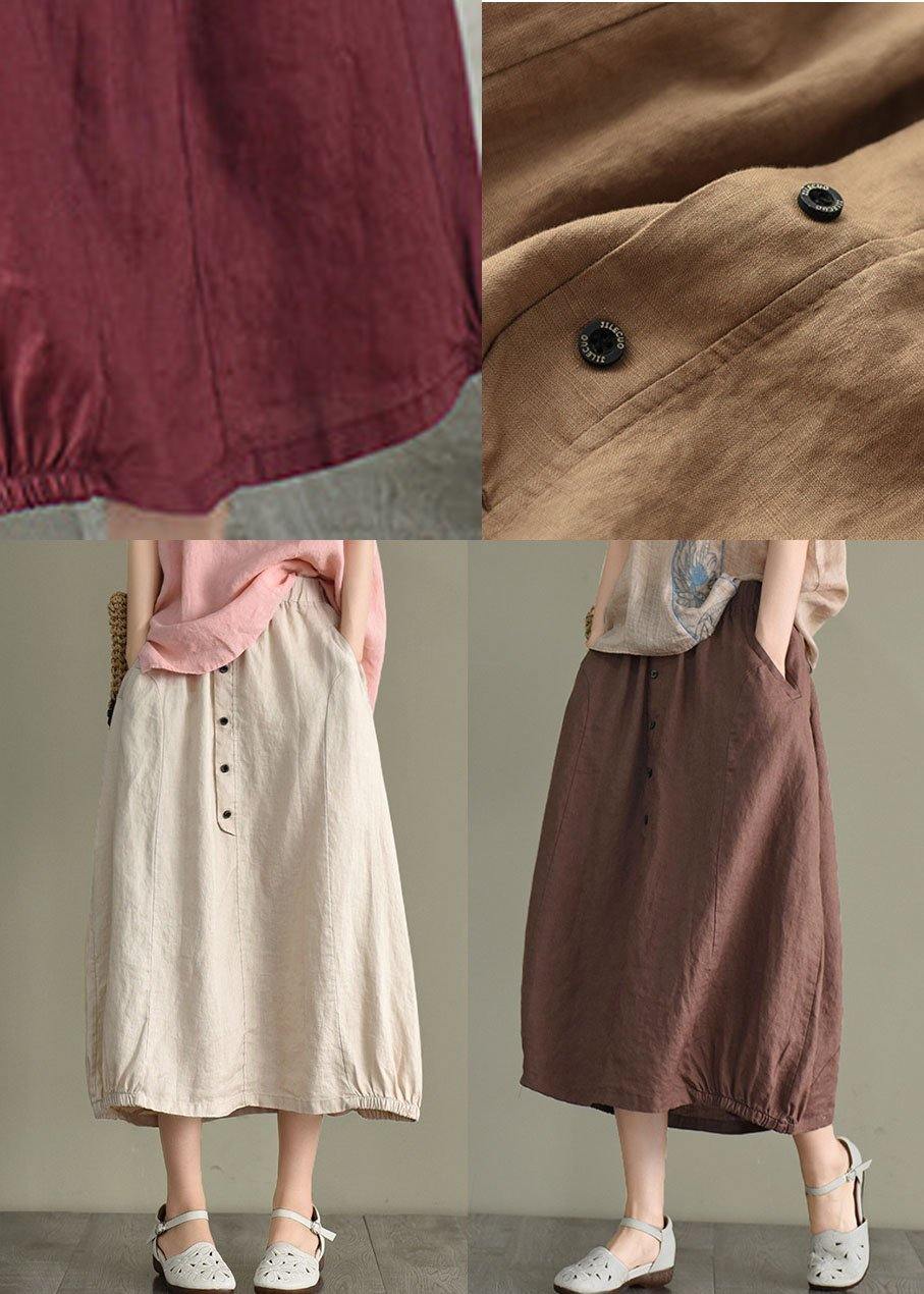 Vintage Beige Button A Line Summer Loose Skirts Linen