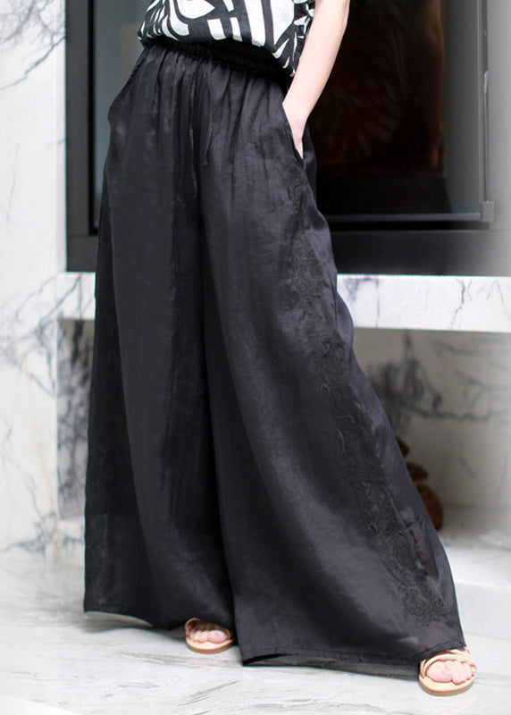 Vintage Black Embroideried Elastic Waist Solid Linen Wide Leg Pants Summer