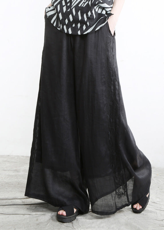 Vintage Black Embroideried Elastic Waist Solid Linen Wide Leg Pants Summer