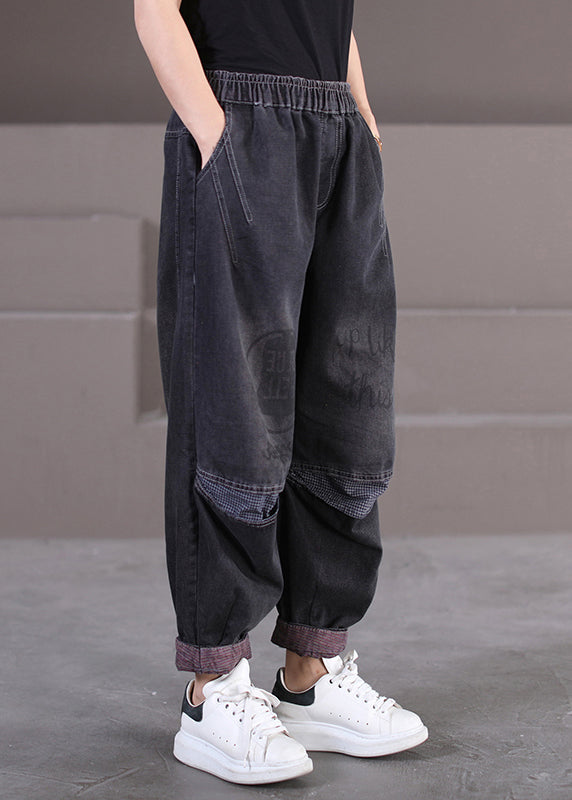 Vintage Black Pockets Print Elastic Waist Denim Pants Fall