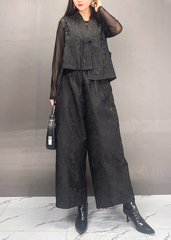 Vintage Black Print Asymmetrical Silk Cotton Waistcoat And Wide Leg Pants Two Piece Set Spring