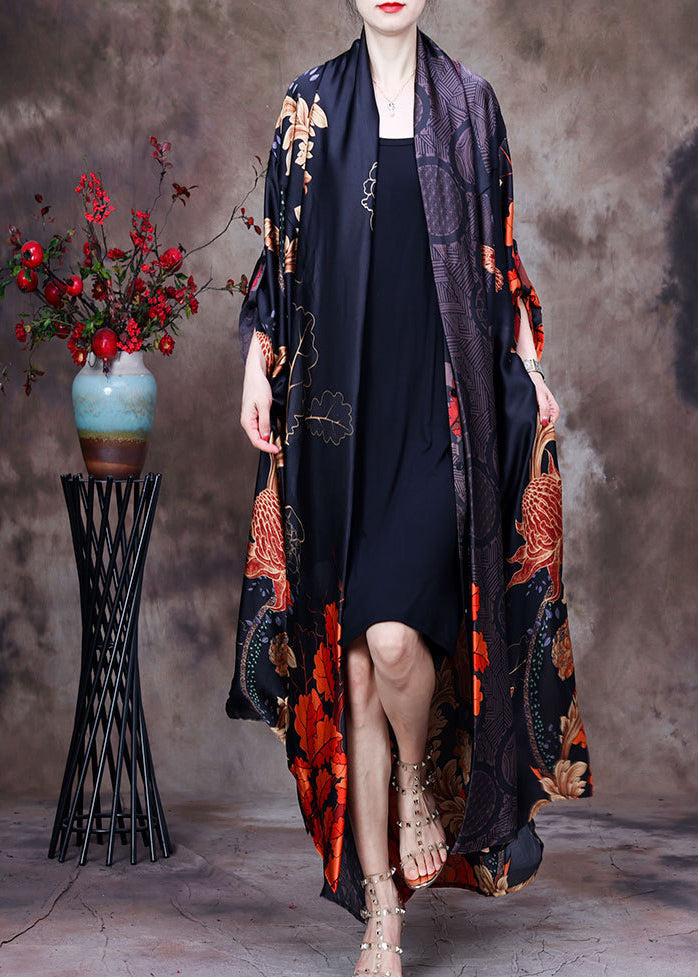 Vintage Black Print Bow Collar Side Open Silk Long Cardigan Long Sleeve