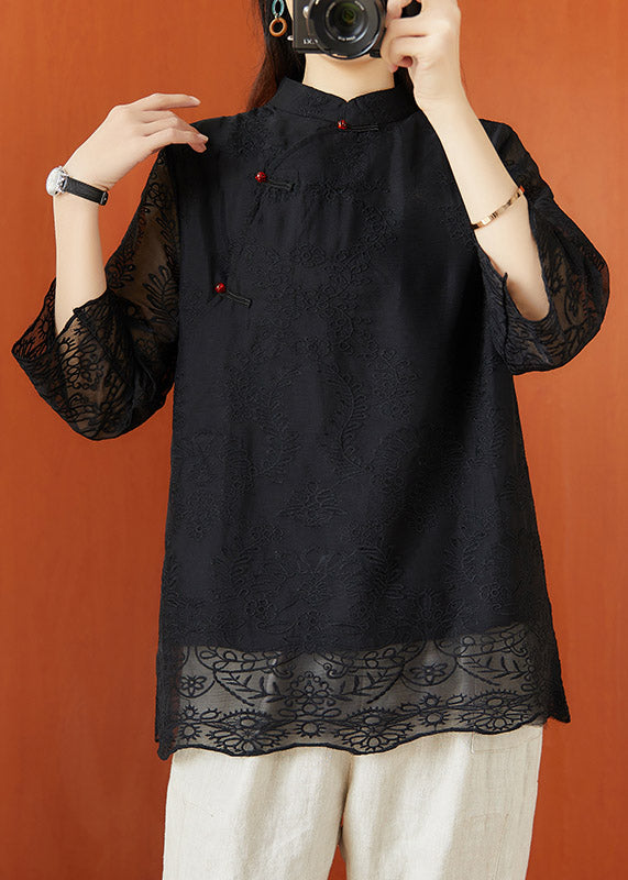 Vintage Black Stand Collar Embroideried Hollow Out Tops Half Sleeve