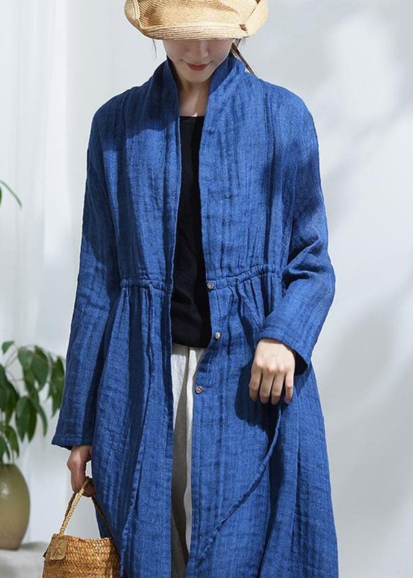 Vintage Blue Bow  Button drawstring Trench Coats Long Sleeve