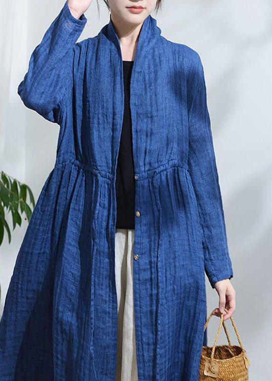 Vintage Blue Bow  Button drawstring Trench Coats Long Sleeve