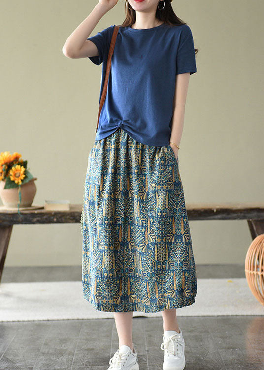 Vintage Blue Elastic Waist Pockets Print Linen Skirts Summer