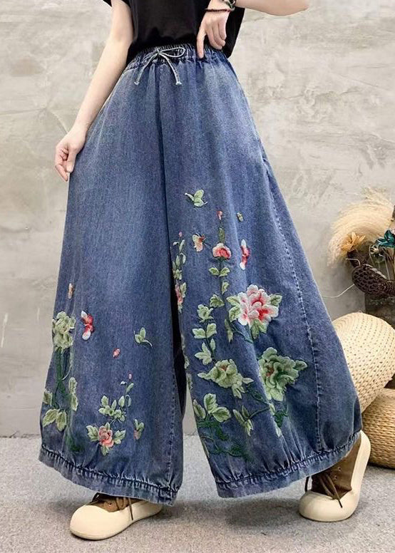 Vintage Blue Embroidered Elastic Waist Denim Wide Leg Pants Spring