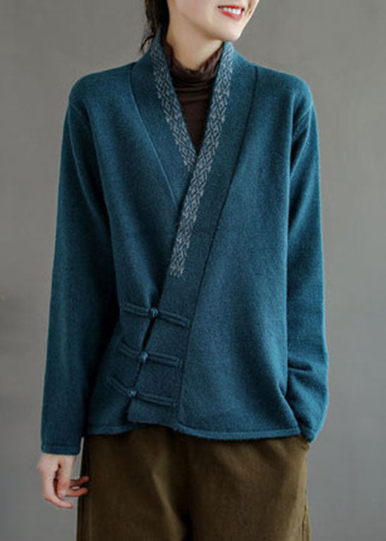 Vintage Blue button V Neck Embroideried Woolen coats Long Sleeve