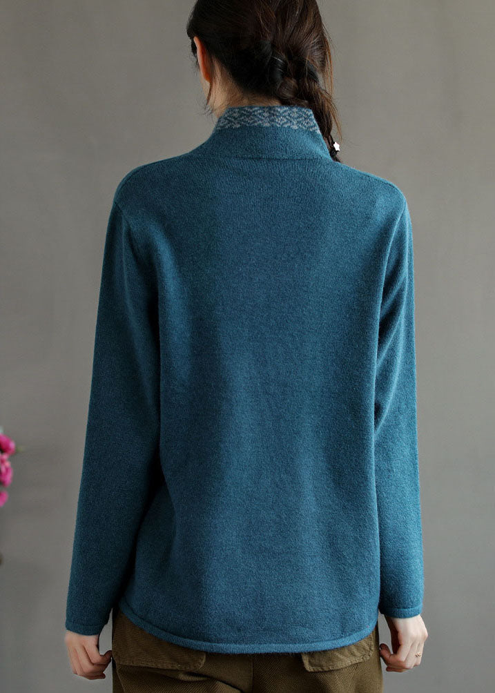 Vintage Blue button V Neck Embroideried Woolen coats Long Sleeve