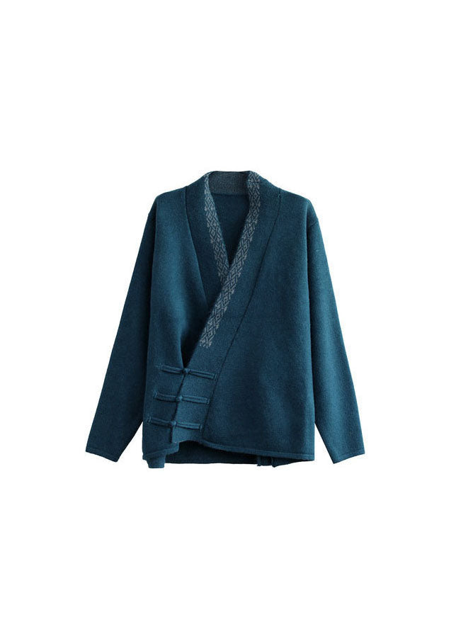 Vintage Blue button V Neck Embroideried Woolen coats Long Sleeve