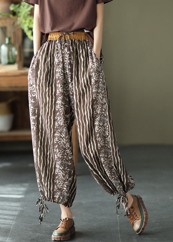 Vintage Chocolate High Waist Print Linen Harem Pants Summer