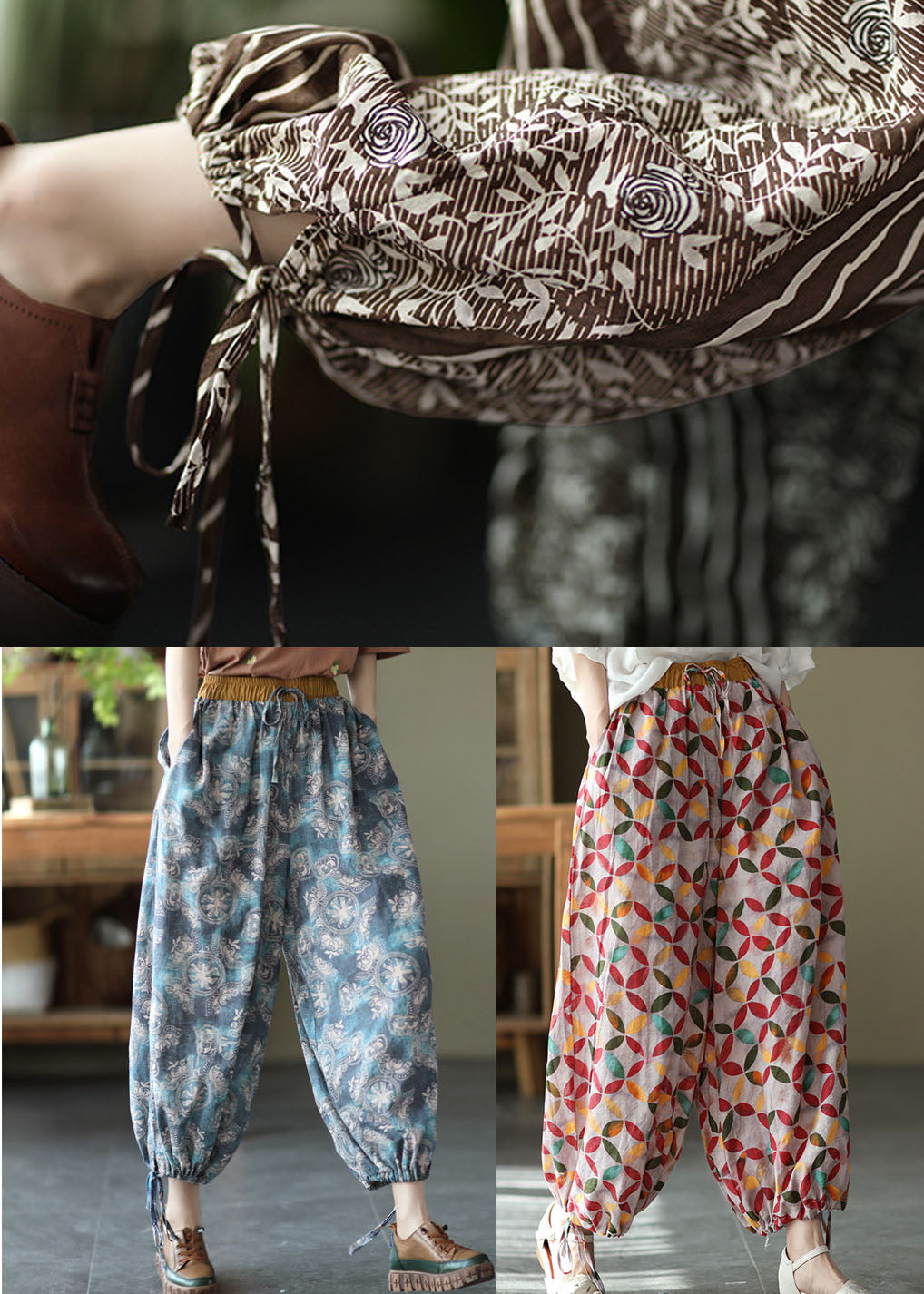 Vintage Chocolate High Waist Print Linen Harem Pants Summer