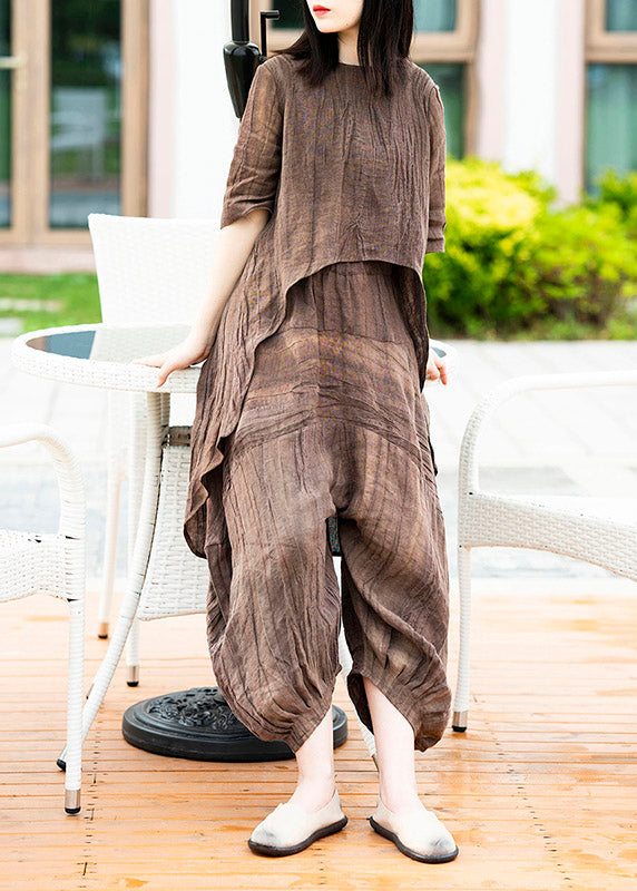 Vintage Chocolate O-Neck Asymmetrical Linen Top And Lantern Pants Two Pieces Set Summer