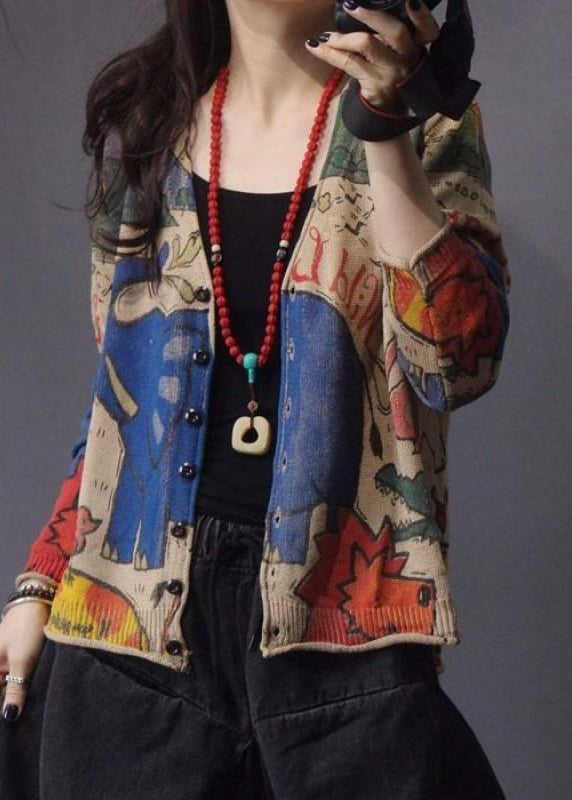 Vintage Coffee V Neck Print Button Knit Cardigan Spring