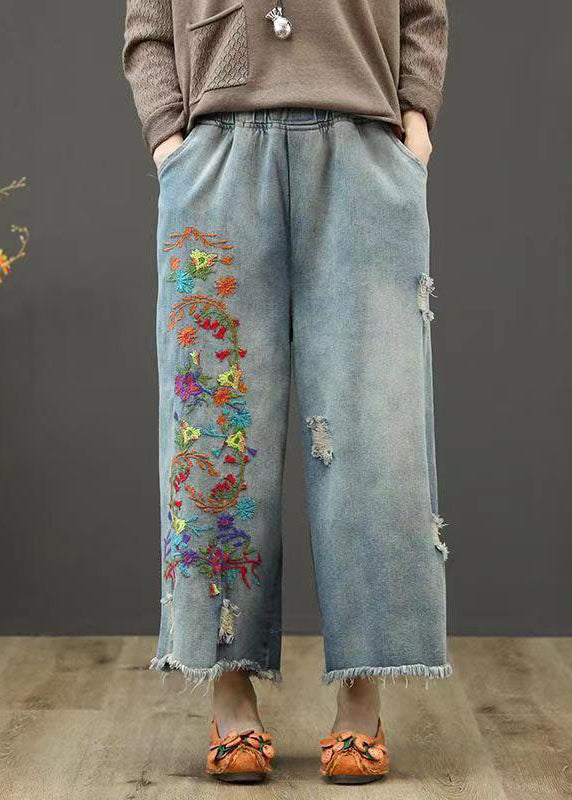 Vintage Denim Blue Elastic Waist Embroideried Cotton Wide Leg Pants Summer