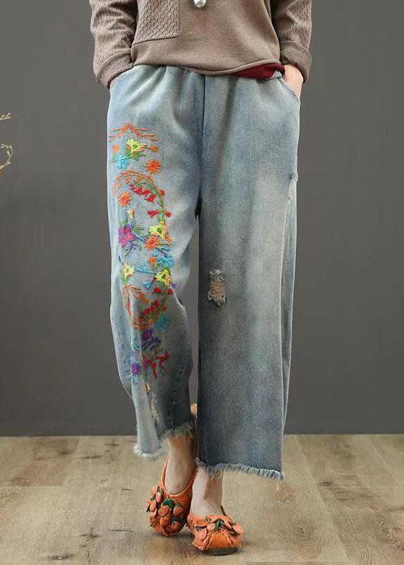 Vintage Denim Blue Elastic Waist Embroideried Cotton Wide Leg Pants Summer