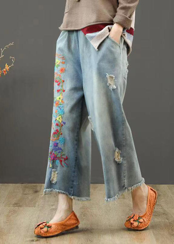 Vintage Denim Blue Elastic Waist Embroideried Cotton Wide Leg Pants Summer