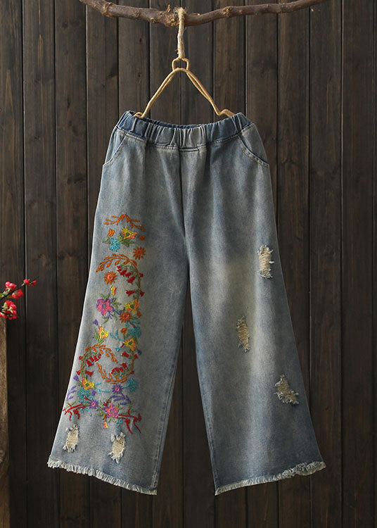 Vintage Denim Blue Elastic Waist Embroideried Cotton Wide Leg Pants Summer