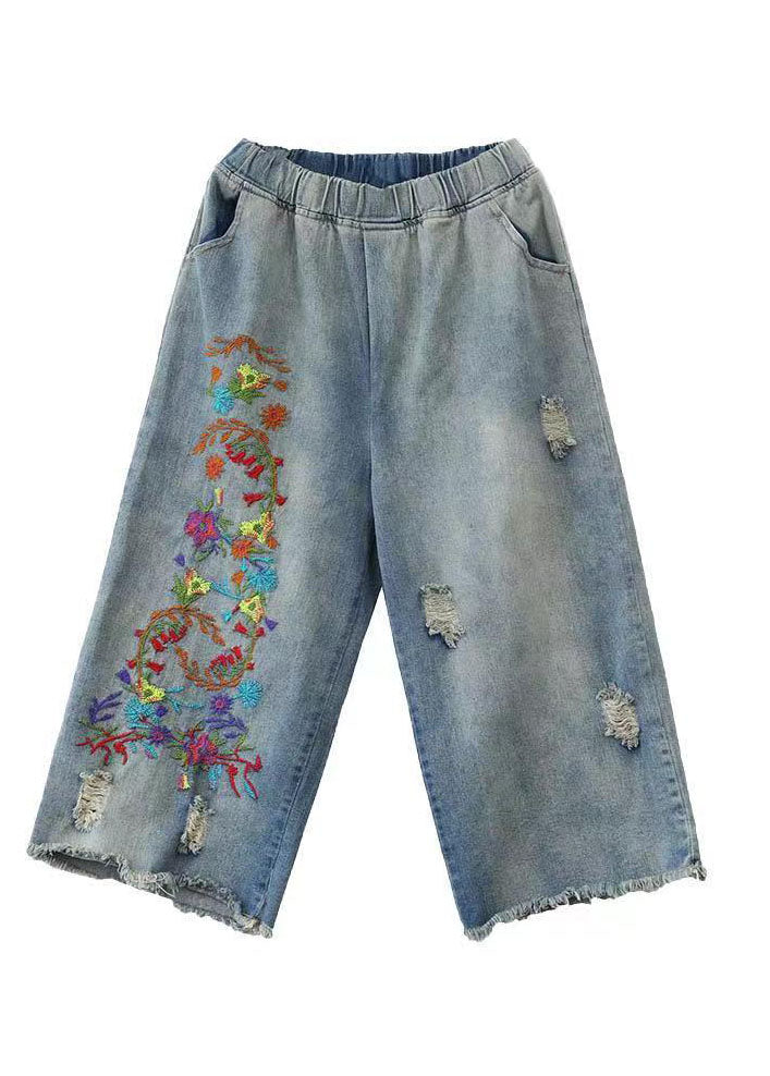 Vintage Denim Blue Elastic Waist Embroideried Cotton Wide Leg Pants Summer