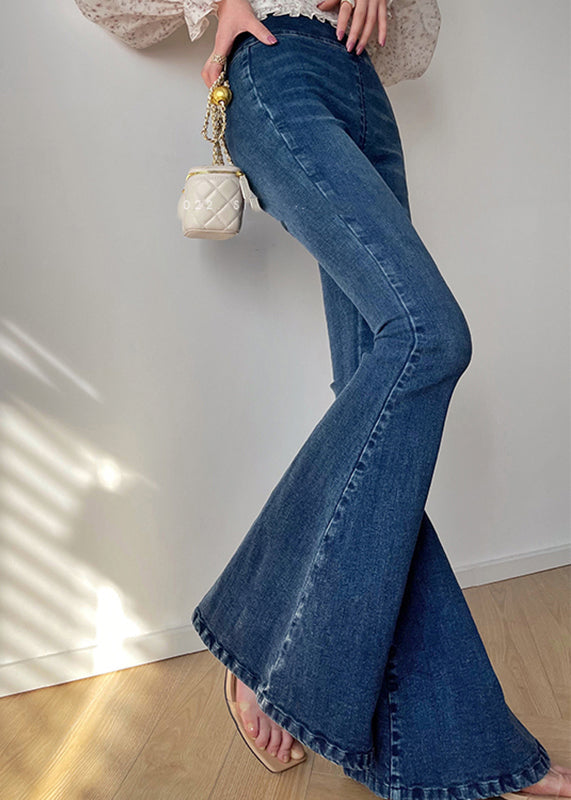 Vintage Denim Blue Zippered High Waist Pockets Flares Pants Fall