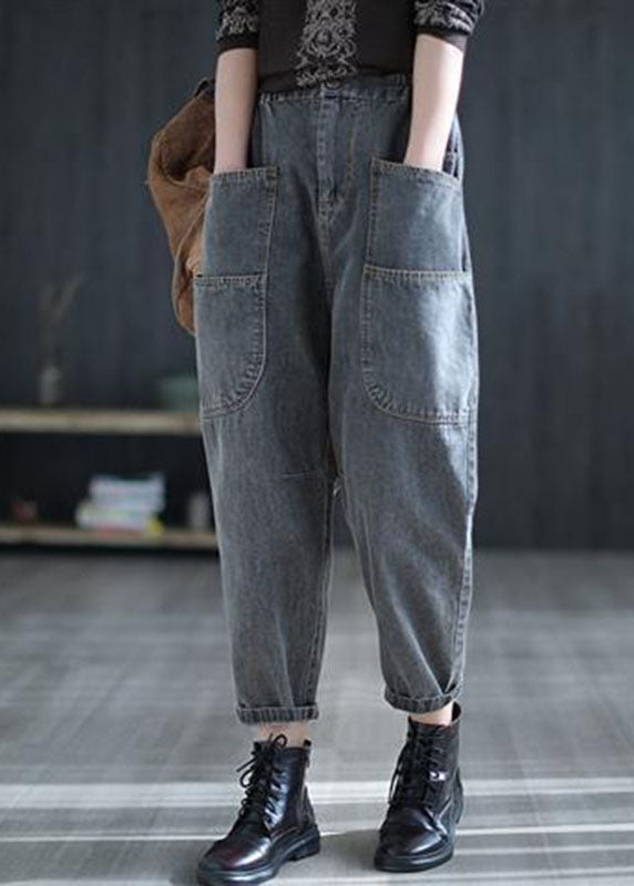 Vintage Grey High Waist Pockets Harem Fall Denim Pants