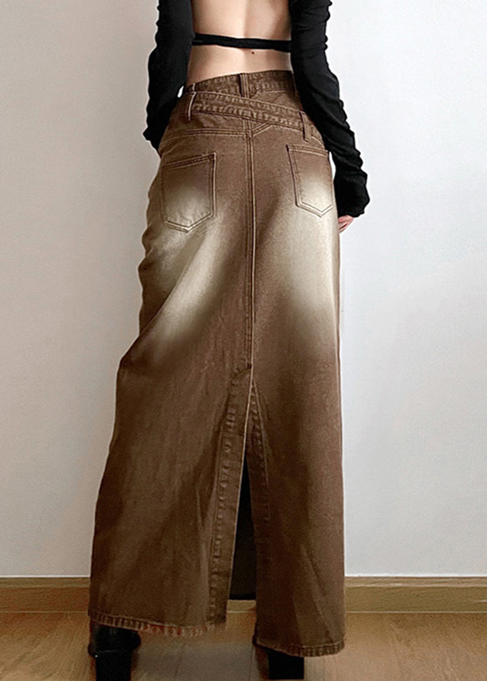 Vintage Light Brown Asymmetrical Side Open Denim Skirt Fall