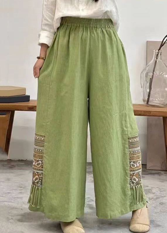 Vintage Linen Embroidered Pockets Elastic Waist Cotton Wide Leg Pants Summer