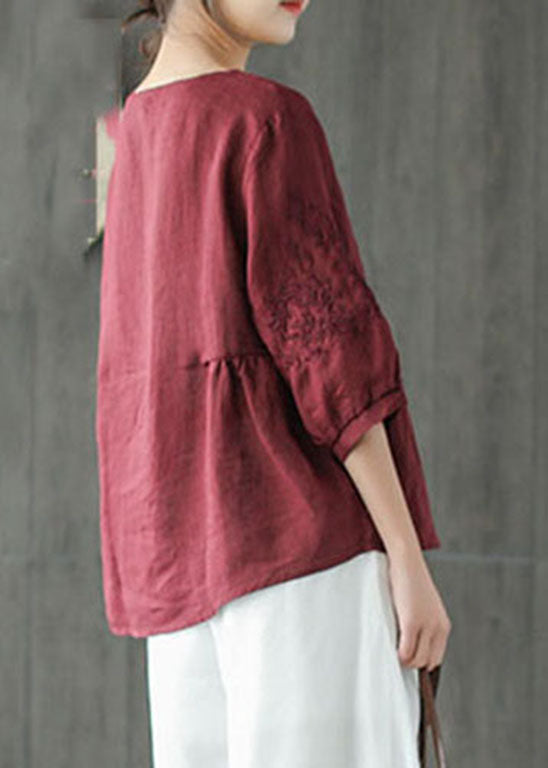 Vintage Mulberry O-Neck Embroideried Tops Spring