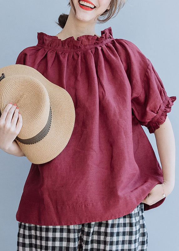 Vintage Mulberry Puff Sleeve Ruffled Linen Top