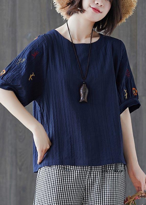 Vintage Navy Embroideried Cotton Linen T Shirts Summer