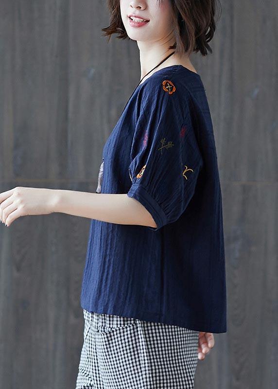 Vintage Navy Embroideried Cotton Linen T Shirts Summer