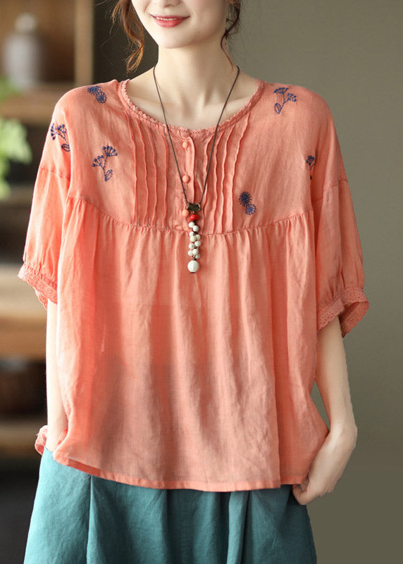 Vintage Orange O-Neck Embroideried Linen Tops Half Sleeve