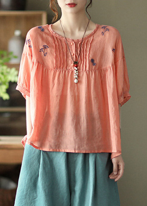 Vintage Orange O-Neck Embroideried Linen Tops Half Sleeve