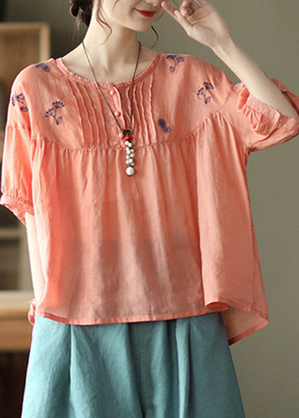 Vintage Orange O-Neck Embroideried Linen Tops Half Sleeve