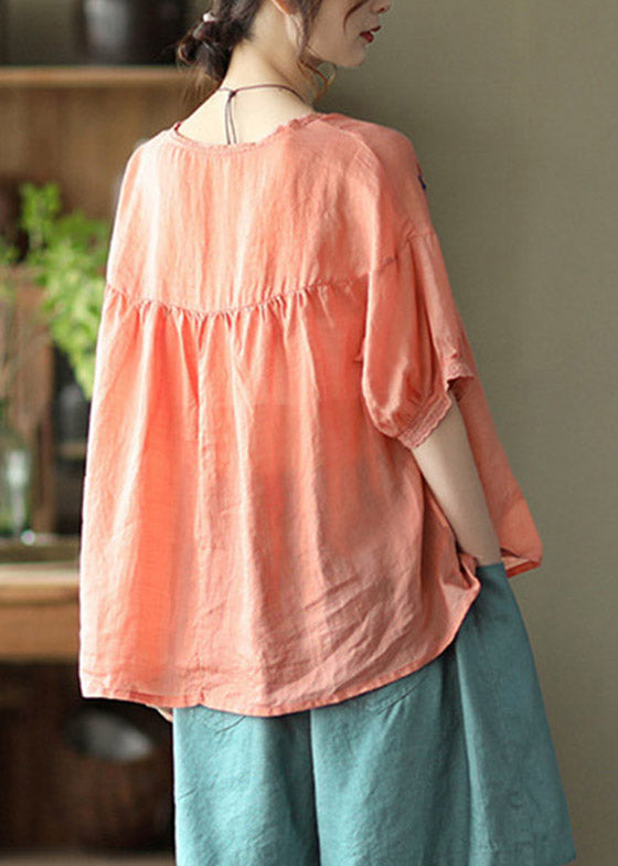 Vintage Orange O-Neck Embroideried Linen Tops Half Sleeve